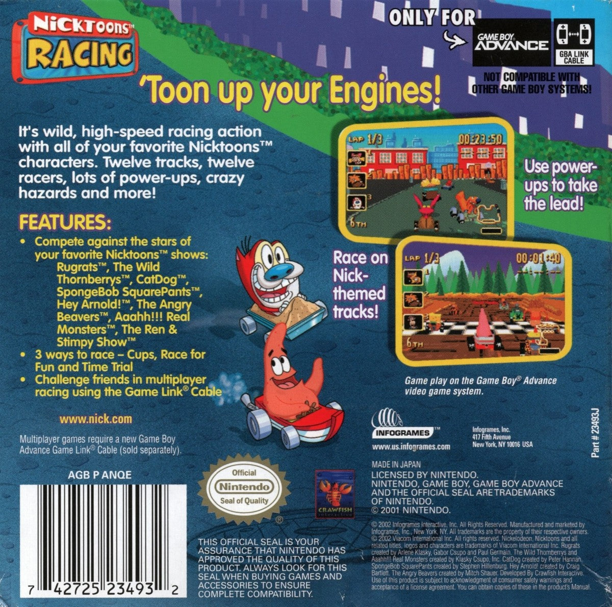 Nicktoons Racing for Game Boy Advance, back of case for a retro video game featuring kart racing gameplay, Nickelodeon character-based competition, track challenges, power-ups, and arcade-style racing action