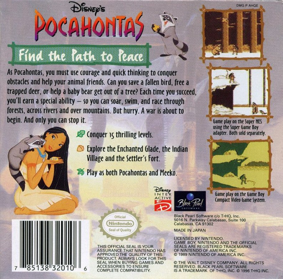 Pocahontas Nintendo Game Boy GB for retro video game enthusiasts featuring side scrolling action adventure gameplay Disney inspired storytelling platforming challenges exploration elements classic handheld gaming and collectible gaming appeal back cover art