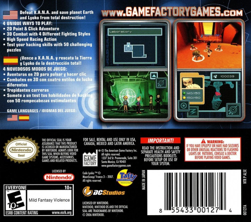Code Lyoko for Nintendo DS, back of case for an action-adventure video game with platforming, combat, puzzle-solving, and anime-style gameplay