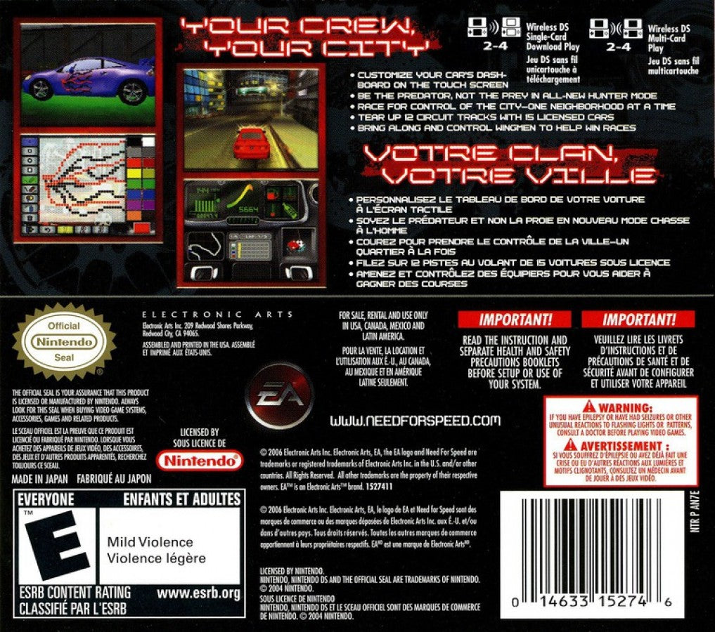 Need for Speed Carbon Own the City Nintendo DS DS racing video game featuring high-speed street racing car customization rival crews police pursuits drifting intense races city driving challenges and classic Nintendo DS DS gameplay collectible retro gaming appeal back cover art
