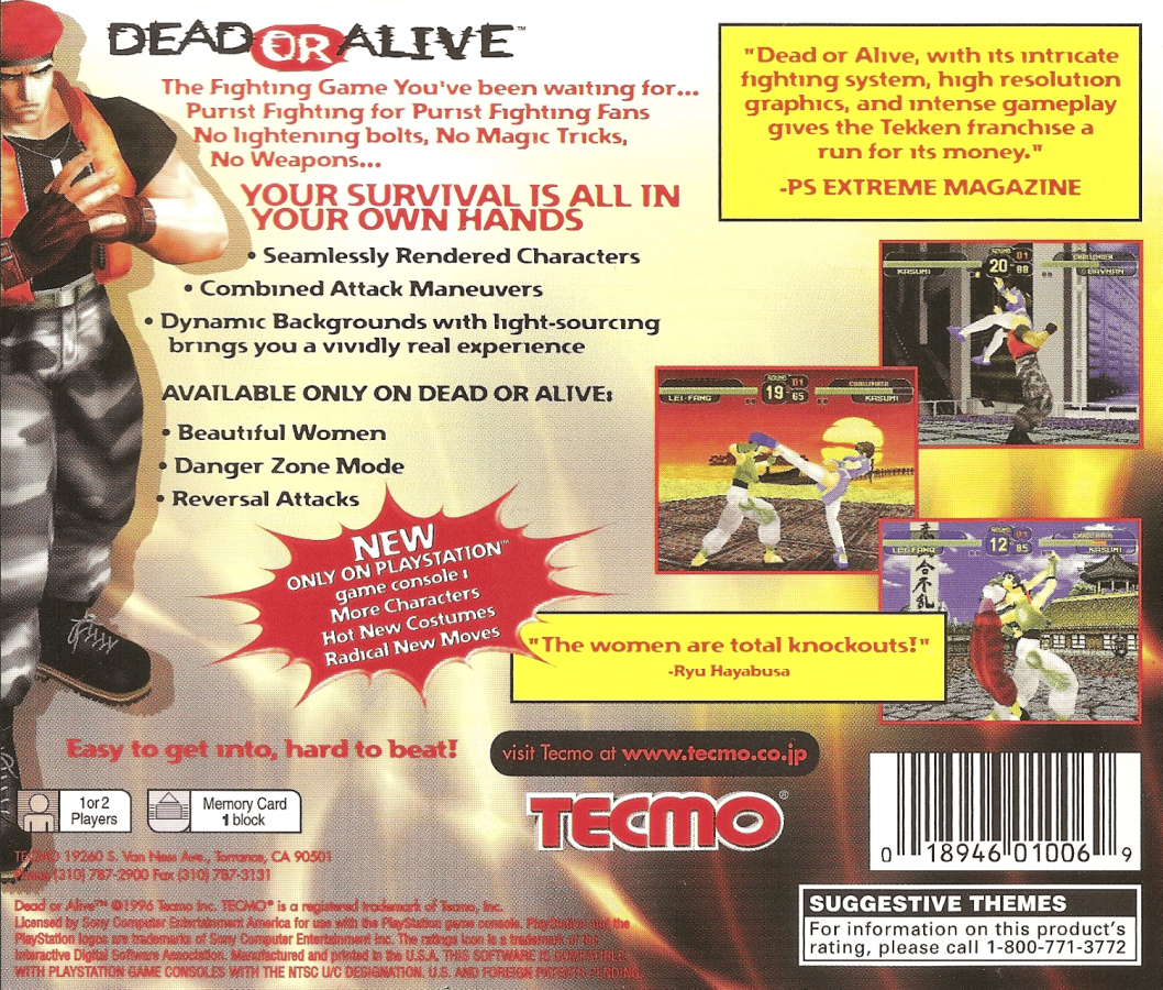 Dead or Alive back of case for PlayStation 1 (PS1) retro fighting video game