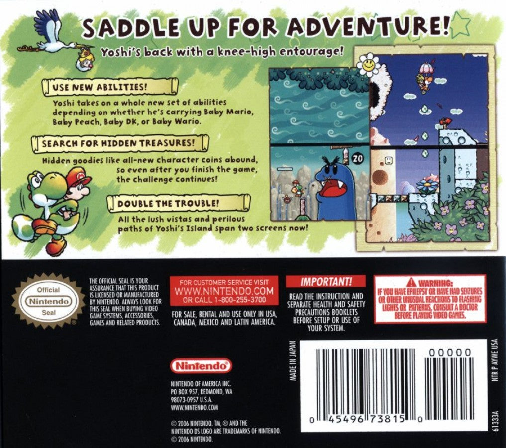 Yoshi's Island DS back of case for Nintendo DS (DS) platformer video game