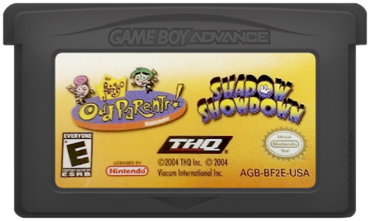 The Fairly OddParents Shadow Showdown for Game Boy Advance, cartridge for a retro video game featuring side-scrolling platforming gameplay, magical abilities, cartoon-style action, and character-based adventure challenges