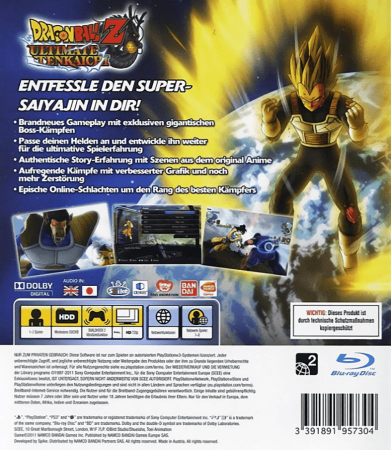 Dragon Ball Z Ultimate Tenkaichi back cover art for PlayStation 3 (PS3) video game