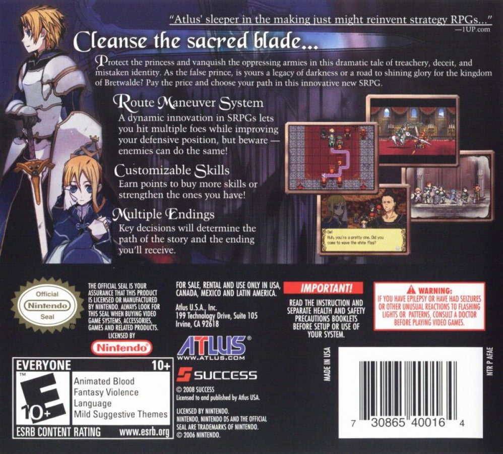 Rondo of Swords Nintendo DS game featuring tactical RPG gameplay with unique movement based combat mechanics character progression and strategic turn based battles in a fantasy war setting back cover