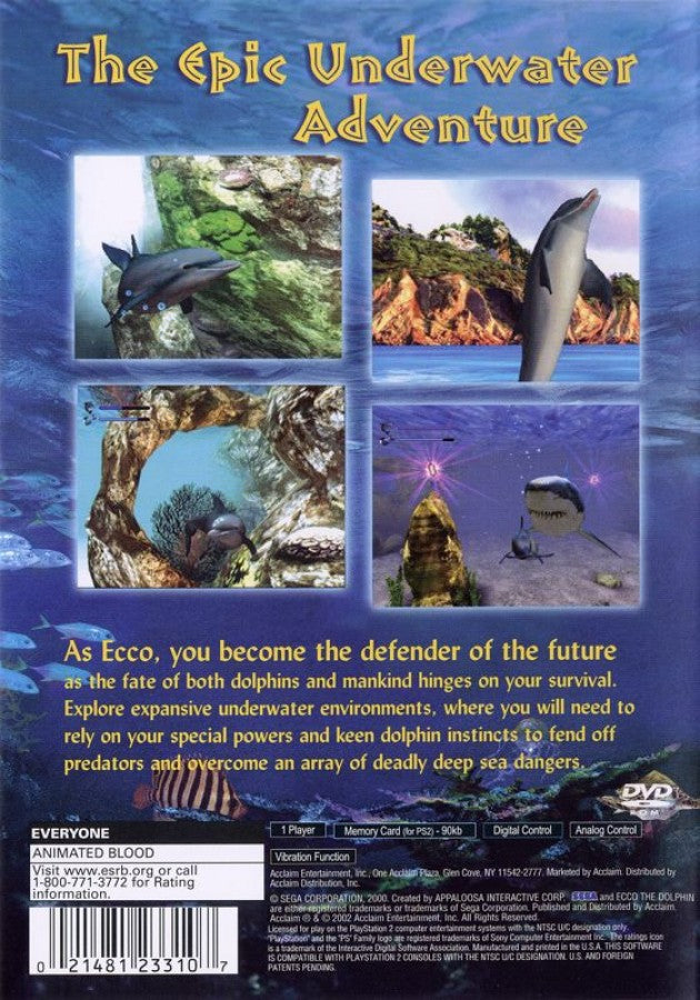Ecco the Dolphin: Defender of the Future back of case for PlayStation 2 (PS2) action-adventure aquatic exploration video game