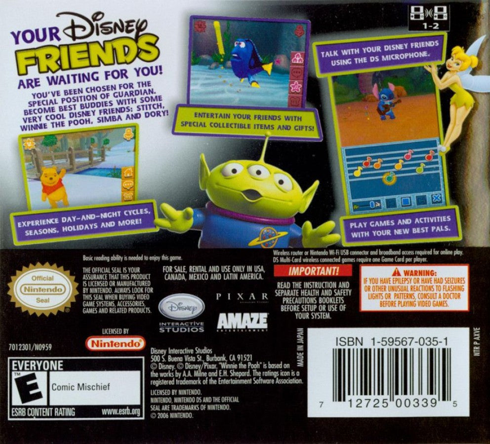 Disney Friends for Nintendo DS, back of case for a life simulation video game with Disney characters, friendship activities, mini-games, and casual interactive gameplay
