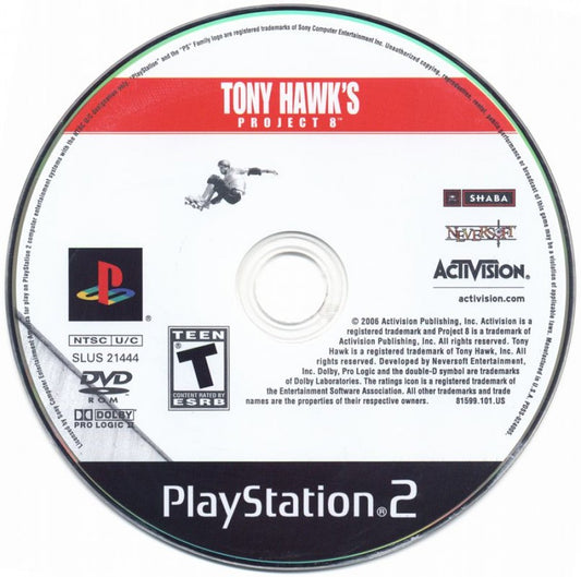 Tony Hawk's Project 8 – PlayStation 2 (PS2) video game disc, skateboarding sports action.