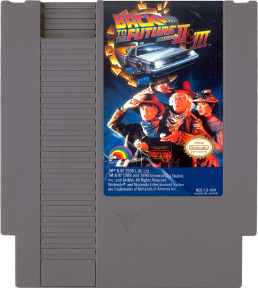 Back to the Future II and III Nintendo Entertainment System NES action adventure video game featuring Marty McFly time travel DeLorean exploration challenging levels movie-inspired gameplay characters enemies puzzles and classic Nintendo Entertainment System NES gaming collectible retro gaming appeal NES cartidge