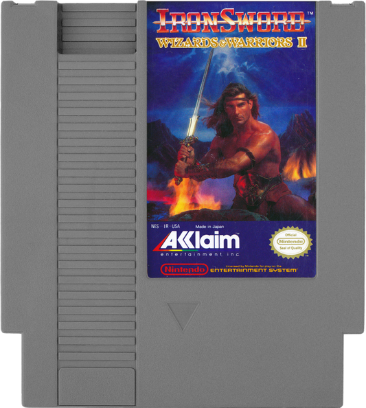Ironsword Wizards and Warriors II NES Nintendo Entertainment System action platformer fantasy adventure side scrolling gameplay sword combat enemies bosses Rare retro 8 bit gaming cartridge video game title cartridge
