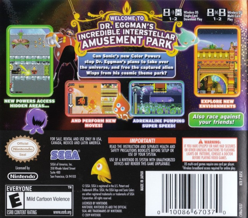 Sonic Colors for Nintendo DS platformer video game featuring fast paced side scrolling action colorful Wisp powers classic Sonic gameplay vibrant levels and handheld friendly high speed adventure experience back cover
