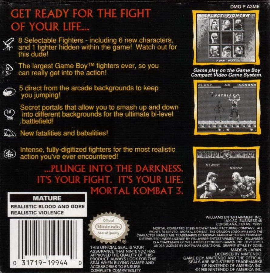 Mortal Kombat 3 Game Boy GB for retro video game enthusiasts featuring classic fighting gameplay one on one arcade combat iconic characters special moves tournament battles handheld action and collectible gaming appeal back cover