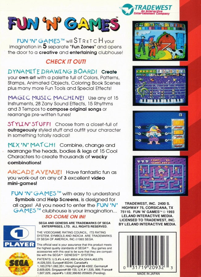 Fun 'n Games back cover art for Sega Genesis (GEN) video game