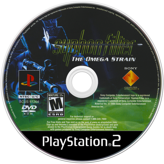Syphon Filter: The Omega Strain – PlayStation 2 (PS2) video game disc, tactical third-person shooter.