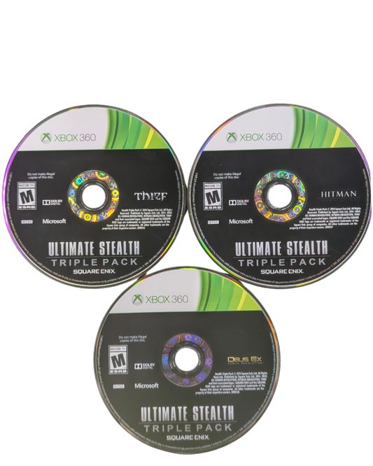 Ultimate Stealth Triple Pack Xbox 360 compilation bundle containing Thief stealth first-person action Hitman Absolution assassination sandbox and Deus Ex Human Revolution cyberpunk immersive sim RPG discs