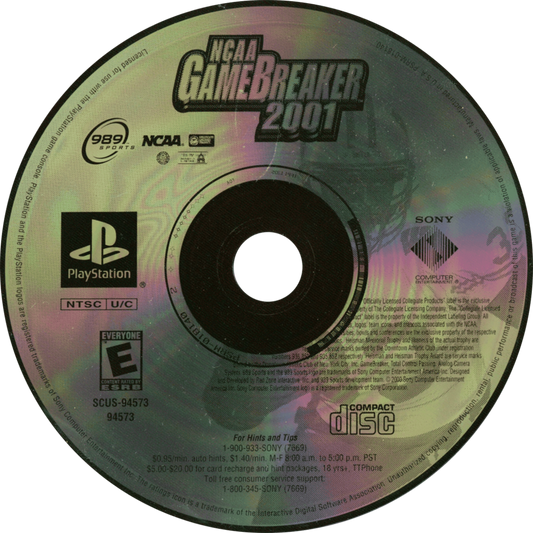 NCAA GameBreaker 2001 game for the PlayStation featuring college football gameplay with licensed teams season modes play calling mechanics and fast paced arcade style presentation with multiplayer competition disc