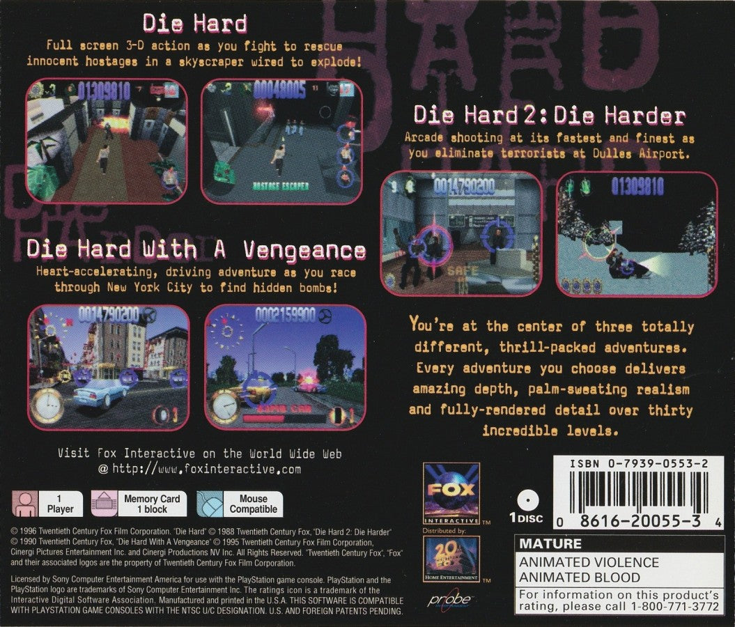 Die Hard Trilogy Greatest Hits retro action shooter game compilation for PlayStation 1 (PS1) back of case