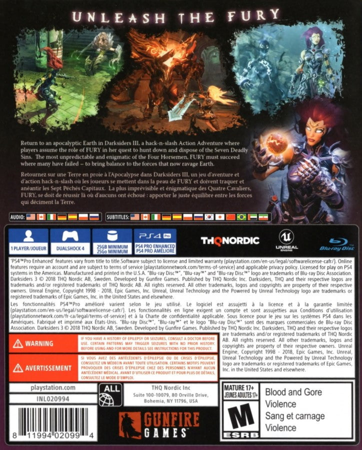 Darksiders III – PlayStation 4 (PS4) video game cover back of case, action-adventure by Gunfire Games