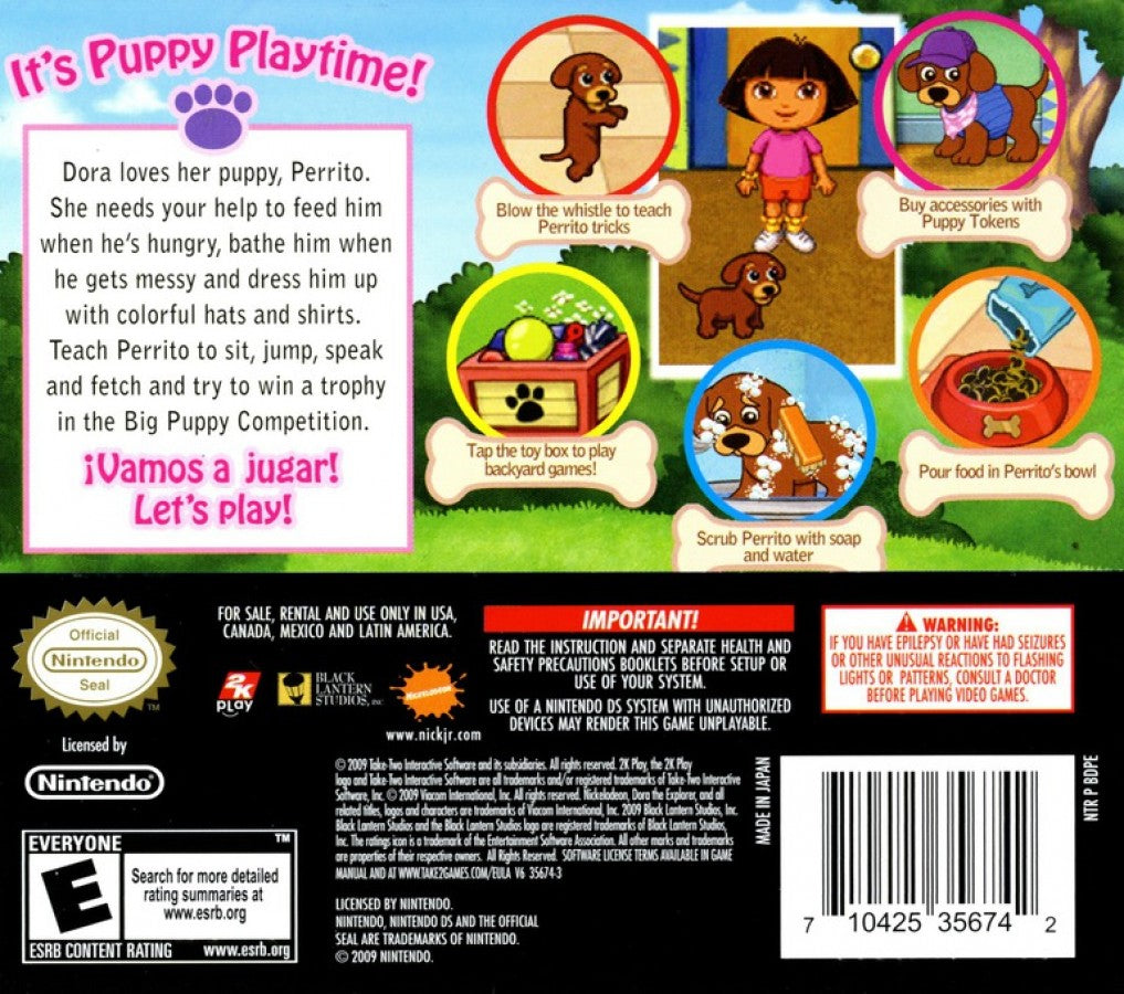 Dora the Explorer: Dora Puppy back of case Nintendo DS (DS) children’s educational pet care video game