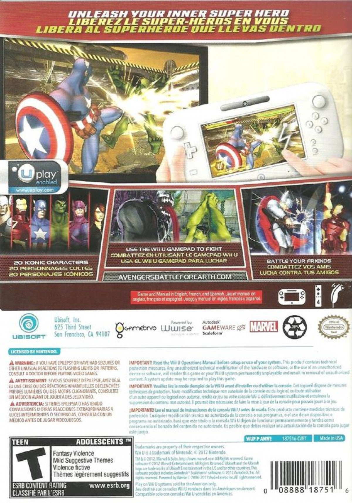 Marvel Avengers Battle for Earth back cover art for Nintendo Wii U (Wii U) video game.