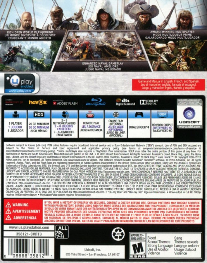 Assassin's Creed IV Black Flag PlayStation 4 action adventure game back of case
