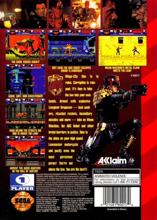 Judge Dredd back cover art for Sega Genesis (GEN) video game