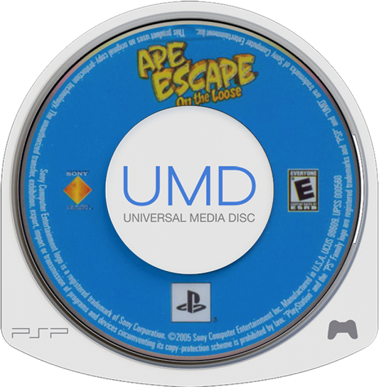 Ape Escape On the Loose game for the PlayStation Portable featuring action platformer gameplay with gadget based mechanics time travel stages and monkey catching missions starring Spike in a colorful cartoon style adventure UMD