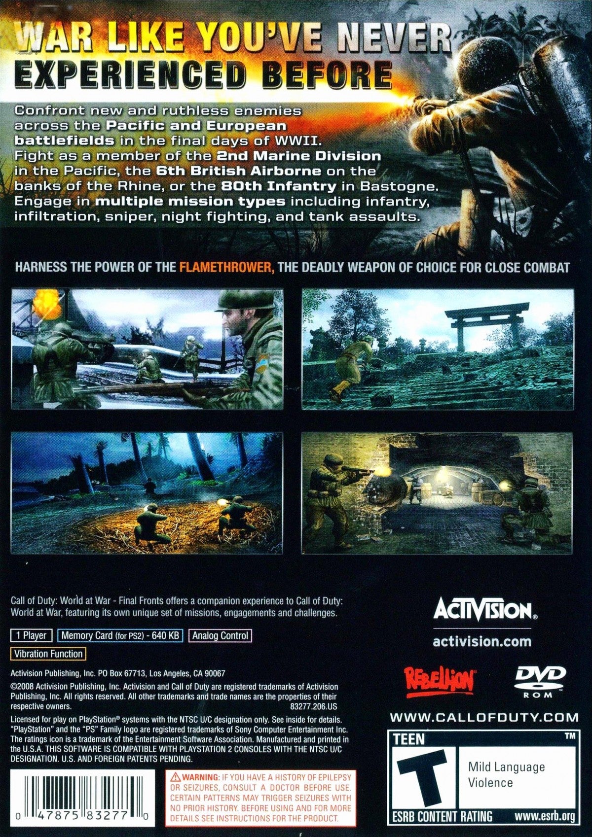 Call of Duty: World at War – Final Fronts for PlayStation 2 with World War II themed military action back cover art