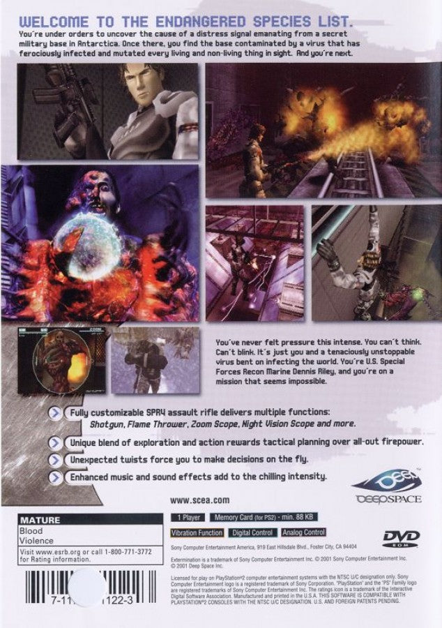 Extermination back of case for PlayStation 2 (PS2) survival horror third-person action video game