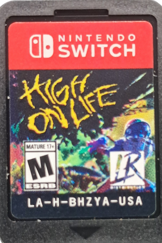 High on Life Game of the Year Edition Nintendo Switch inspired design featuring comedic first person shooter aesthetic talking alien weapons absurd sci fi humor fast paced combat colorful alien worlds satirical storytelling and chaotic adventure gameplay presentation cartridge