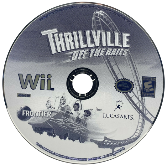 Thrillville: Off the Rails disc art for Nintendo Wii (Wii) featuring theme park building, wild roller coasters, and mini‑games with quirky characters.