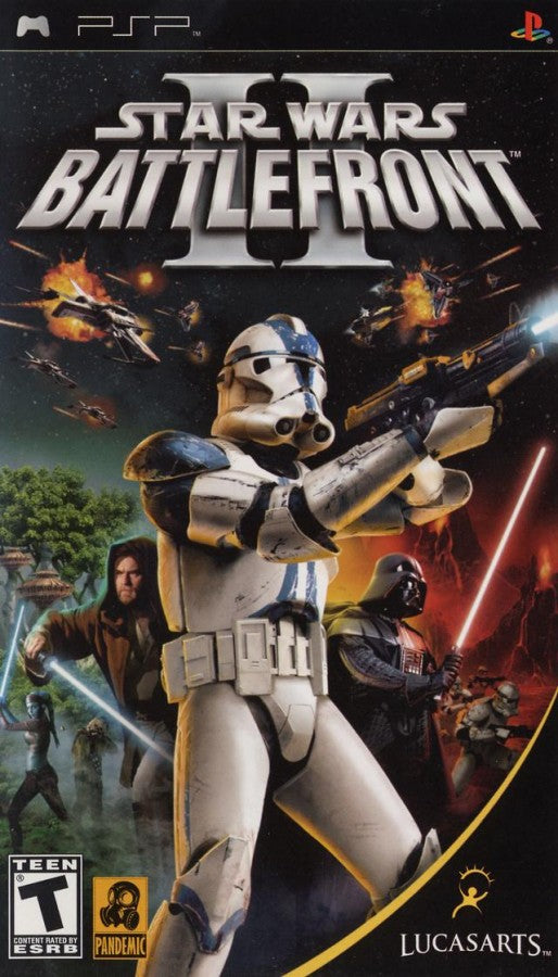 Star Wars: Battlefront II cover art for PlayStation Portable (PSP) third-person and first-person shooter game