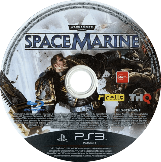 Warhammer 40 000 Space Marine PlayStation 3 PS3 video game featuring third person action shooter gameplay Space Marine combat Ultramarines battles Ork enemies weapon attacks melee combat futuristic war environments campaign missions and classic PlayStation 3 gameplay retro video game collection collectible gaming appeal game disc