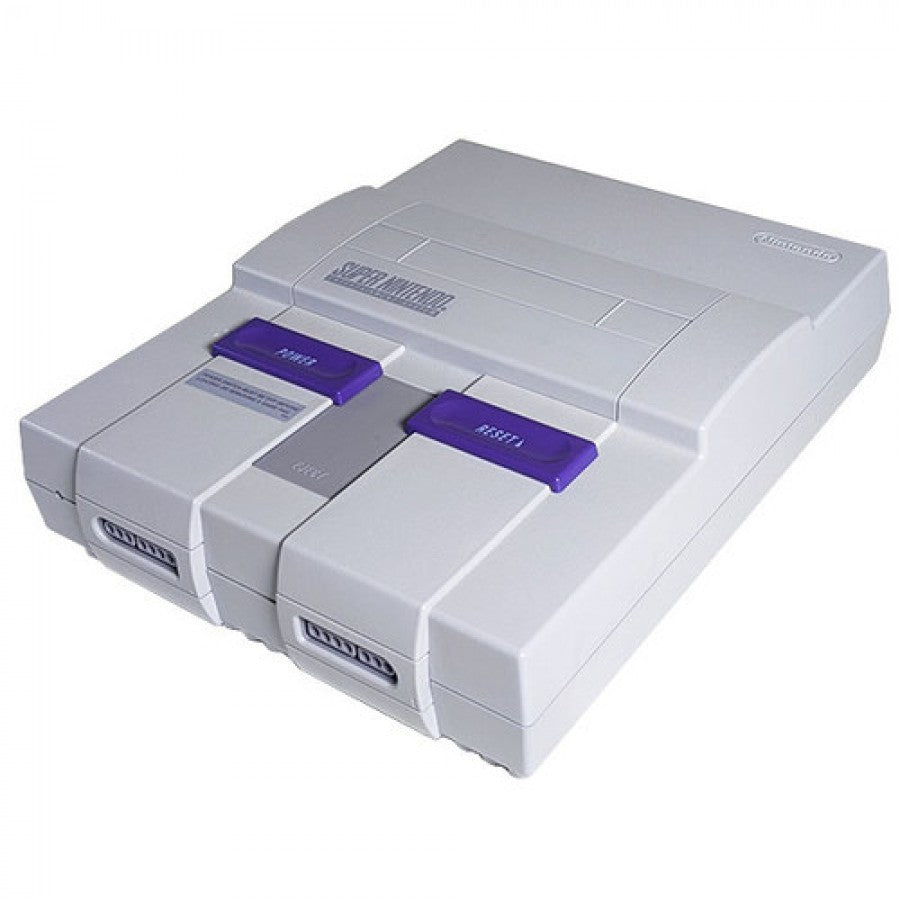Right-angled front view of the original Super Nintendo Entertainment System (SNES) console showing cartridge slot, purple switches, and controller ports.