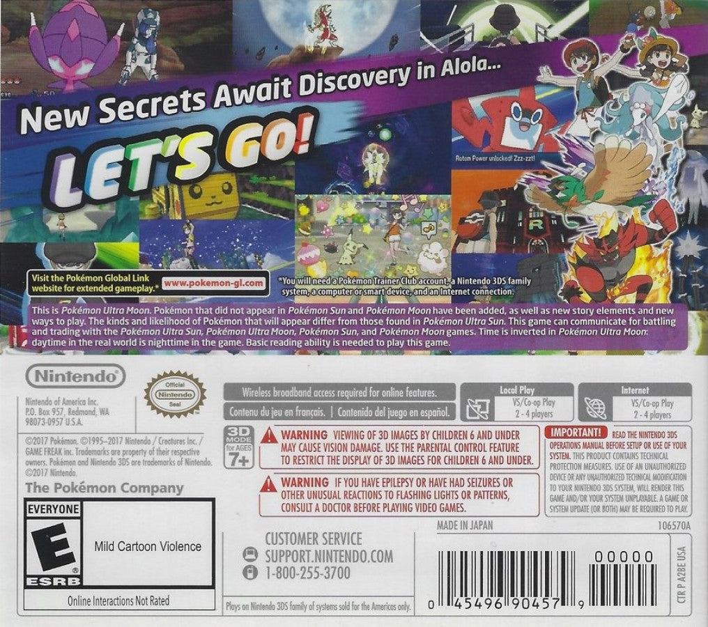 Pokemon: Ultra Moon back cover art for Nintendo 3DS (3DS) Pokemon adventure video game