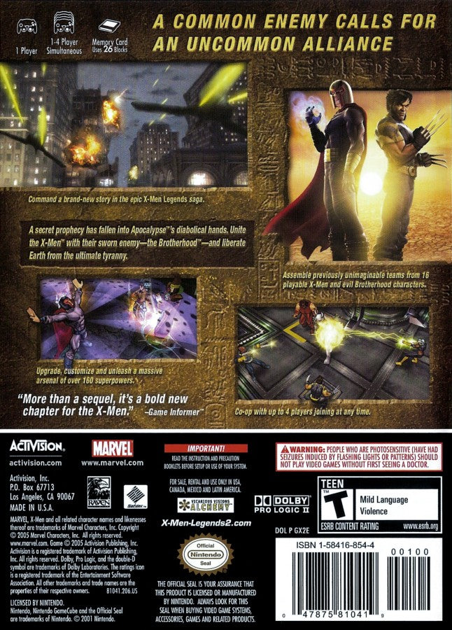 X Men Legends II Rise of Apocalypse for Nintendo GameCube action role playing game featuring cooperative superhero combat iconic Marvel characters team based gameplay and comic inspired storyline back cover