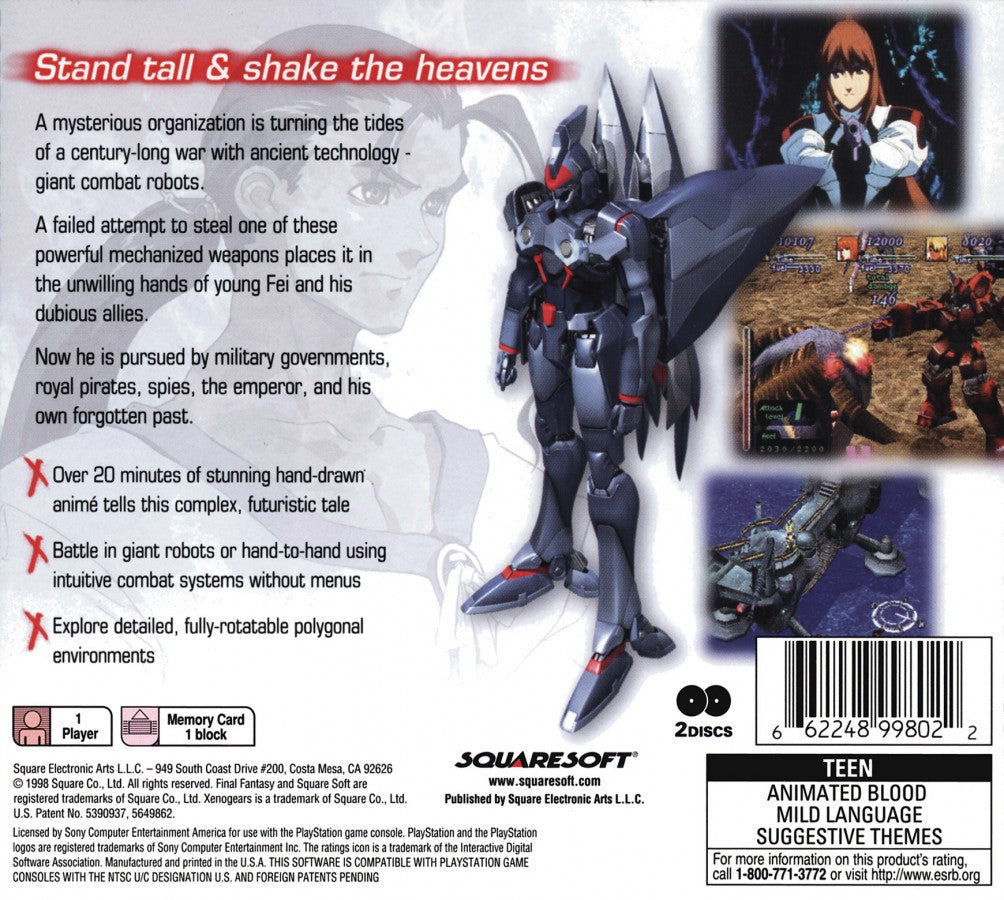 Xenogears for PlayStation 1 Japanese role playing game featuring turn based combat mech battles epic story anime inspired visuals and exploration back ccover art