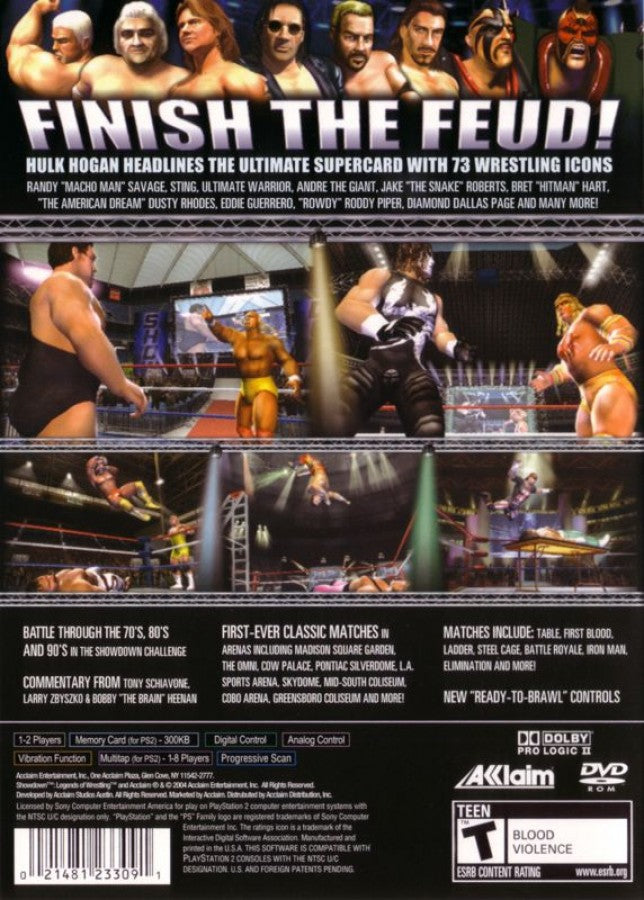 Showdown: Legends of Wrestling – PlayStation 2 (PS2) video game back of case, professional wrestling sports game.