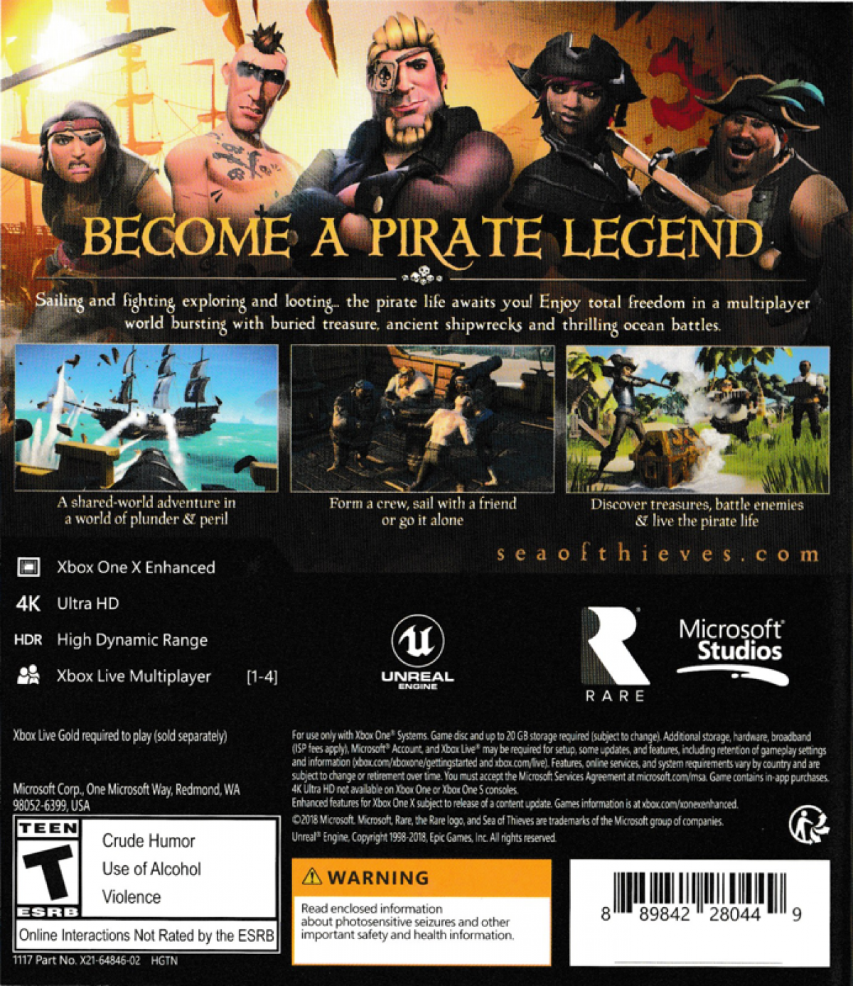Sea of Thieves Xbox One open-world pirate adventure with cooperative sailing exploration and treasure hunting back cover