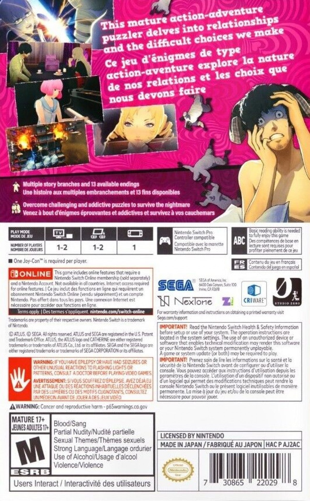 Catherine Full Body for Nintendo Switch puzzle adventure game featuring relationship story choices anime cutscenes block climbing puzzles and mature themed gameplay