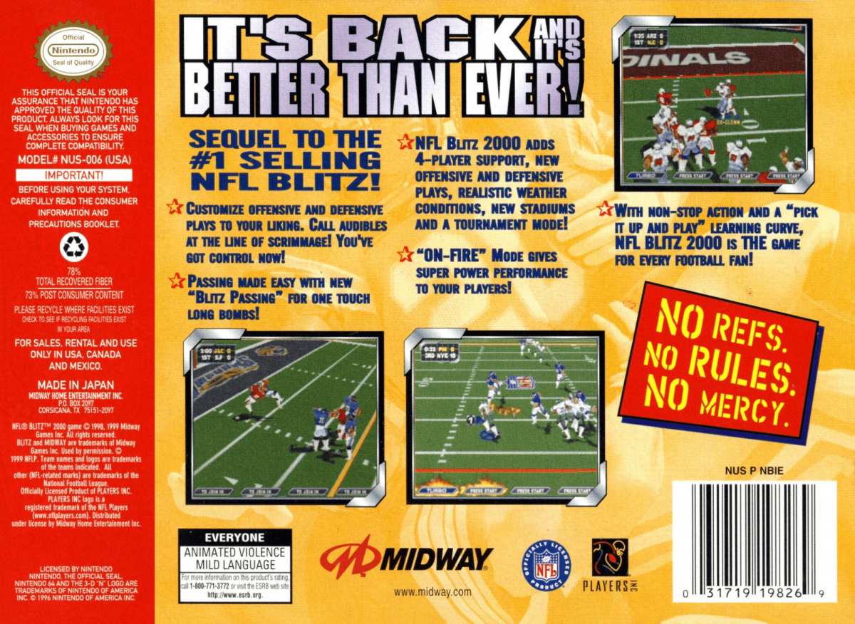 NFL Blitz 2000 back cover art for Nintendo 64 (N64) video game