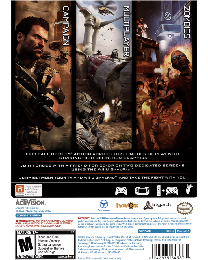Call of Duty Black Ops II back cover art for Nintendo Wii U (Wii U) first-person shooter video game.