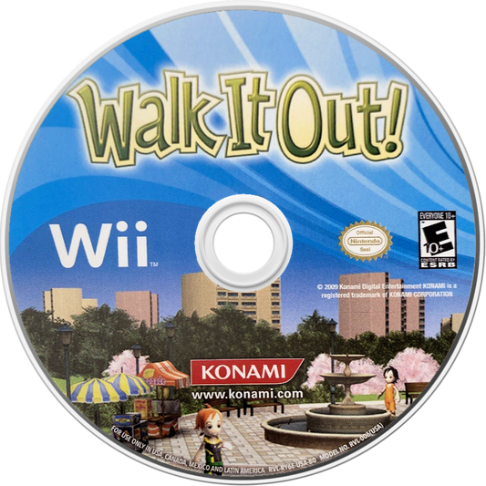 Walk It Out disc art for Nintendo Wii (Wii) featuring rhythm‑based walking gameplay across a vibrant virtual city, unlocking new areas, music tracks, and interactive environments as you step in time.