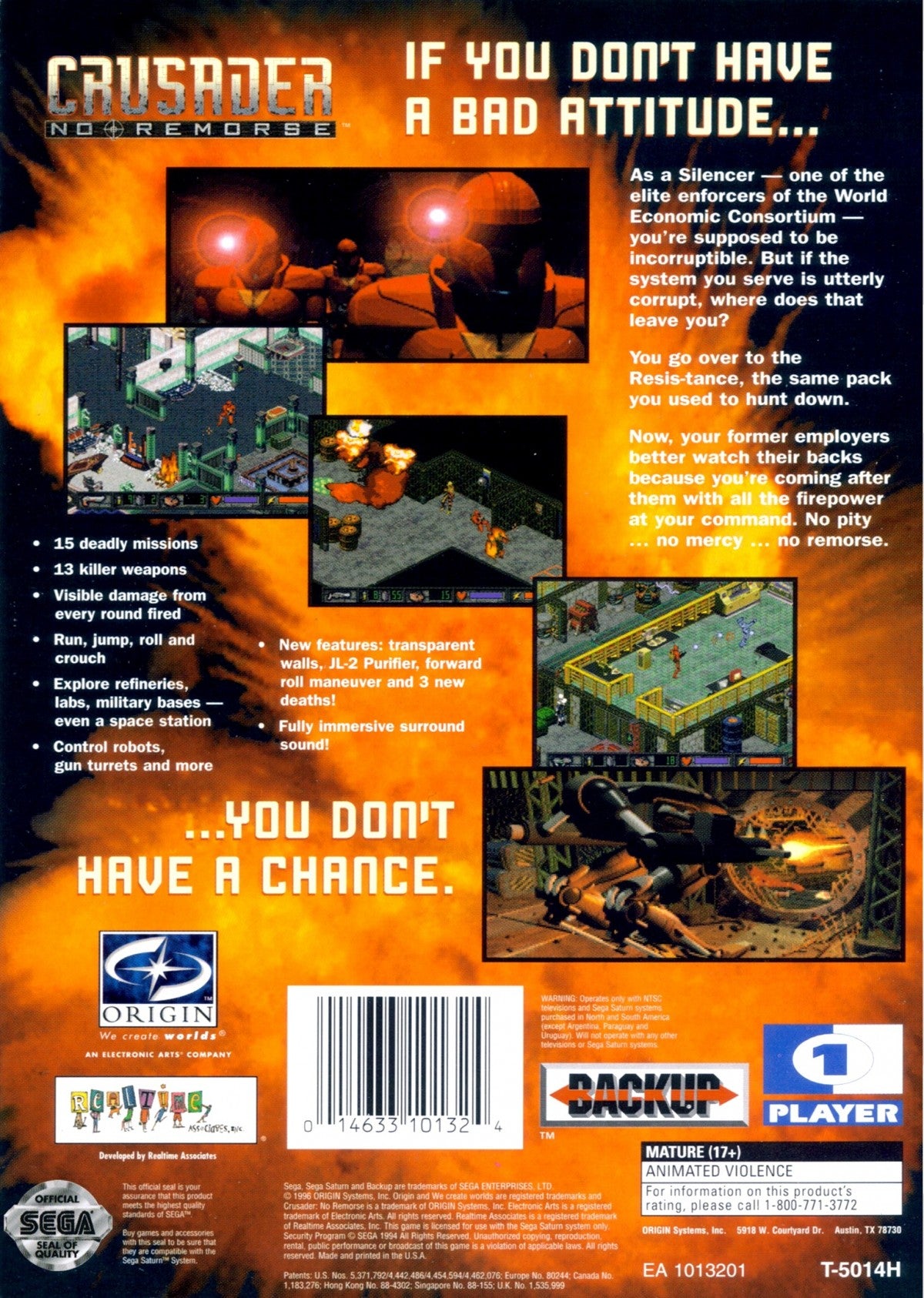Crusader No Remorse Sega Saturn isometric action shooter cyberpunk tactical combat game rebellion storyline explosive weapons destruction based gameplay The 3DO Company port sci fi military missions retro gaming Sega Saturn software video game title back cover art