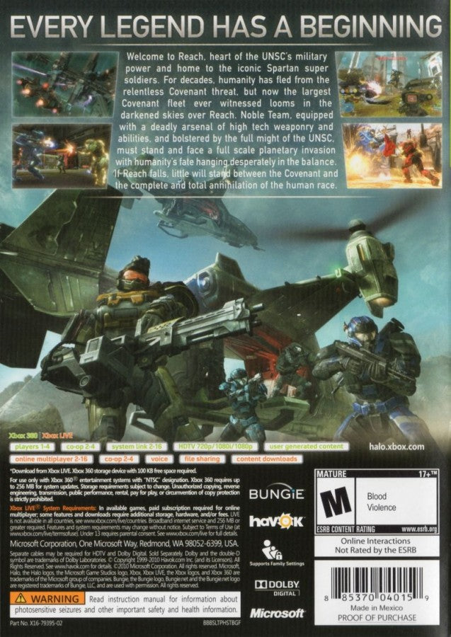 Halo: Reach back cover art for Xbox 360 (X360) sci-fi first-person shooter video game