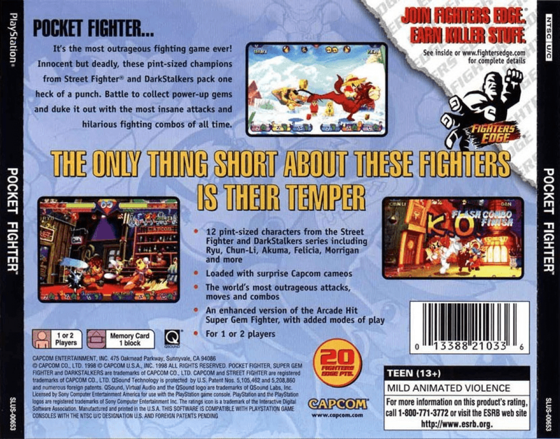 Pocket Fighter back of case for PlayStation 1 (PS1) fighting video game