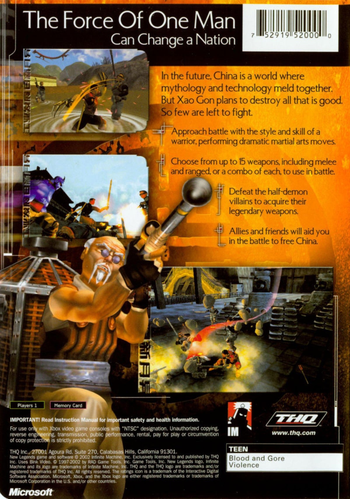 New Legends Xbox third-person action adventure video game set in futuristic China with martial arts combat and ancient prophecies back cover