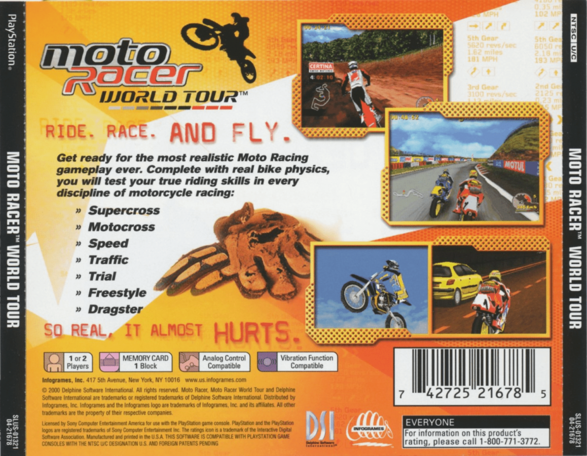 Moto Racer World Tour back of case for PlayStation 1 (PS1) retro racing video game