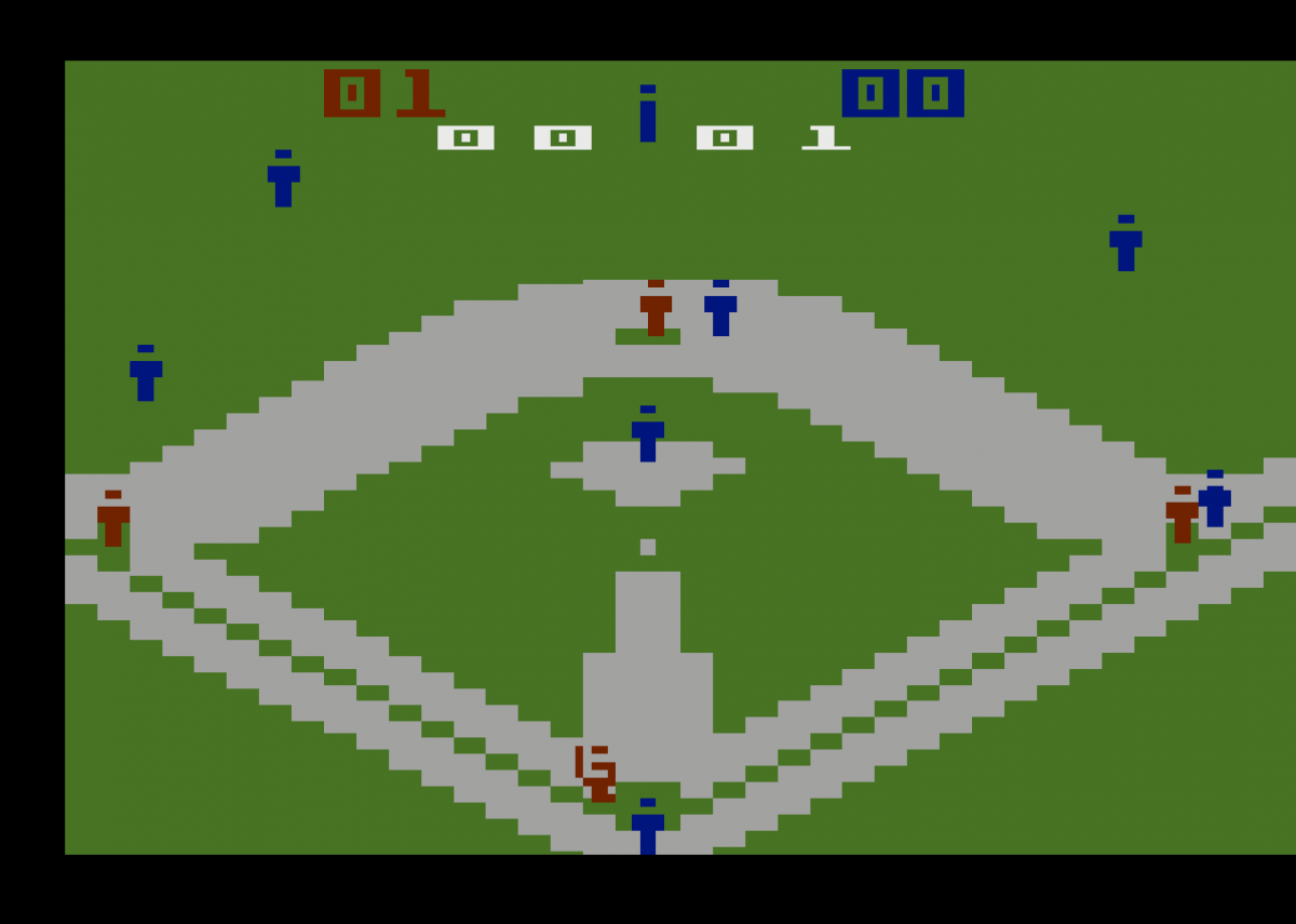 Super Challenge Baseball for Atari 2600, gameplay for a baseball sports video game with arcade-style gameplay, retro team competition, bat-and-ball action, and classic home console sports fun