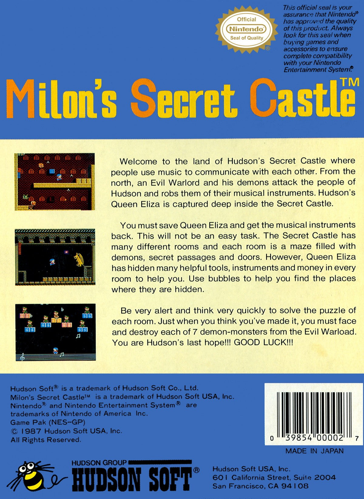 Milon's Secret Castle Nintendo Entertainment System NES for retro video game enthusiasts featuring action platforming gameplay fantasy castle exploration hidden secrets bubble shooting mechanics challenging levels classic 8 bit adventure and collectible gaming appeal box art back